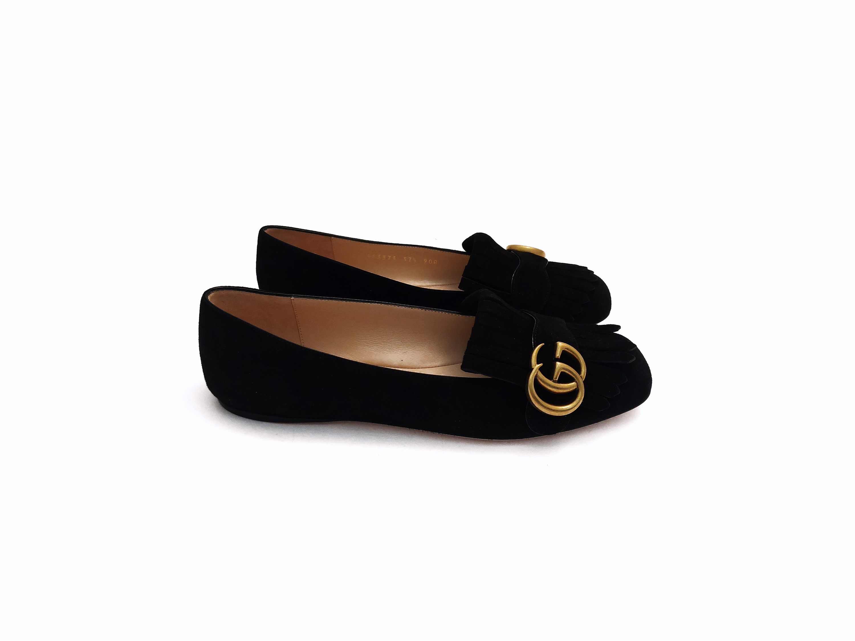 Gucci, Ballerine scamosciate nere con frange, dimensione 37 1/5