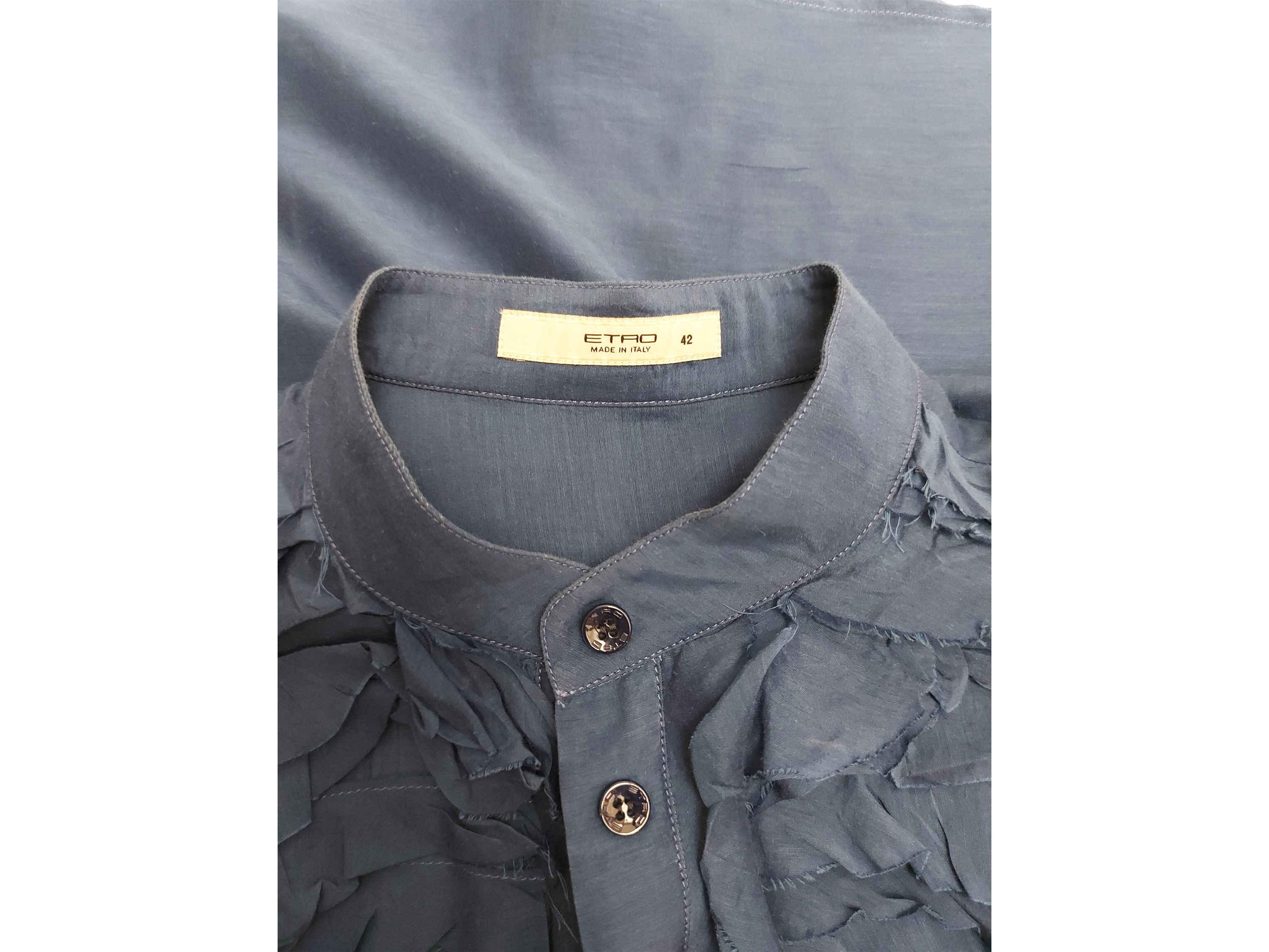 Etro, Camicia in seta blu con colletto alla coreana