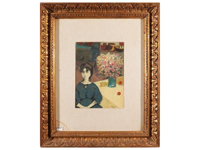 Interno con figura femminile, olio su tavoletta, 1950