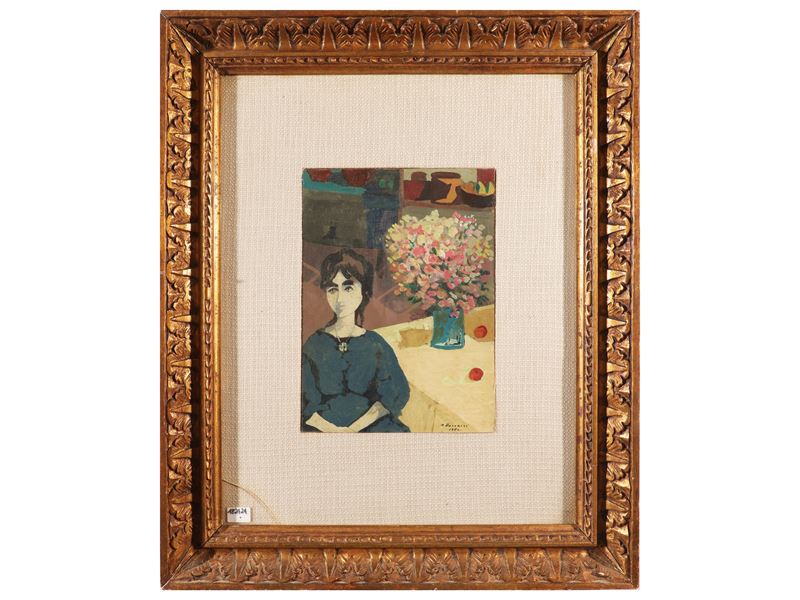 Marcello Boccacci - Interno con figura femminile, olio su tavoletta, 1950