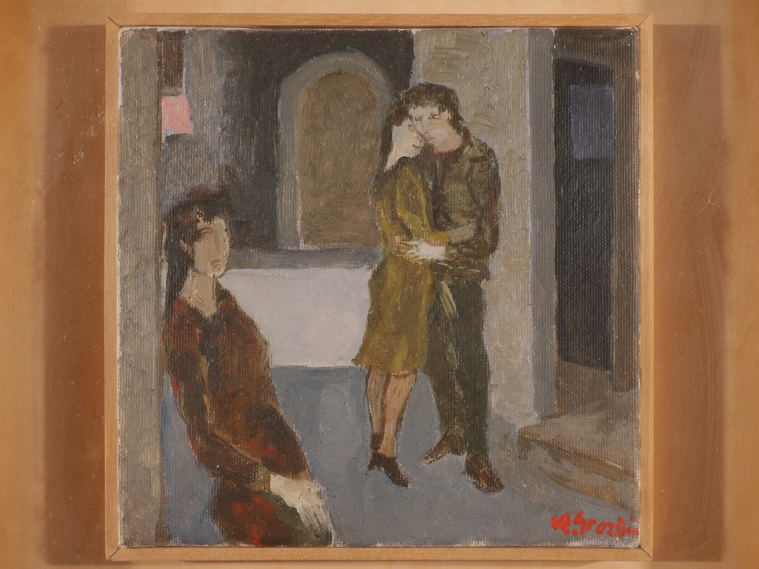 Renzo Grazzini - Innamorati, olio su tela, cm 19x19