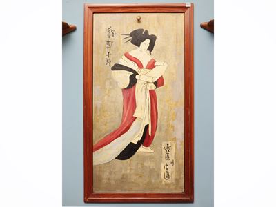 Teca mobile bar, sportello decorato con geisha, interno a specchio