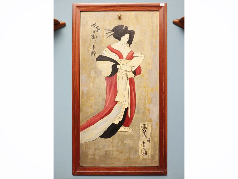Teca mobile bar, sportello decorato con geisha, interno a specchio