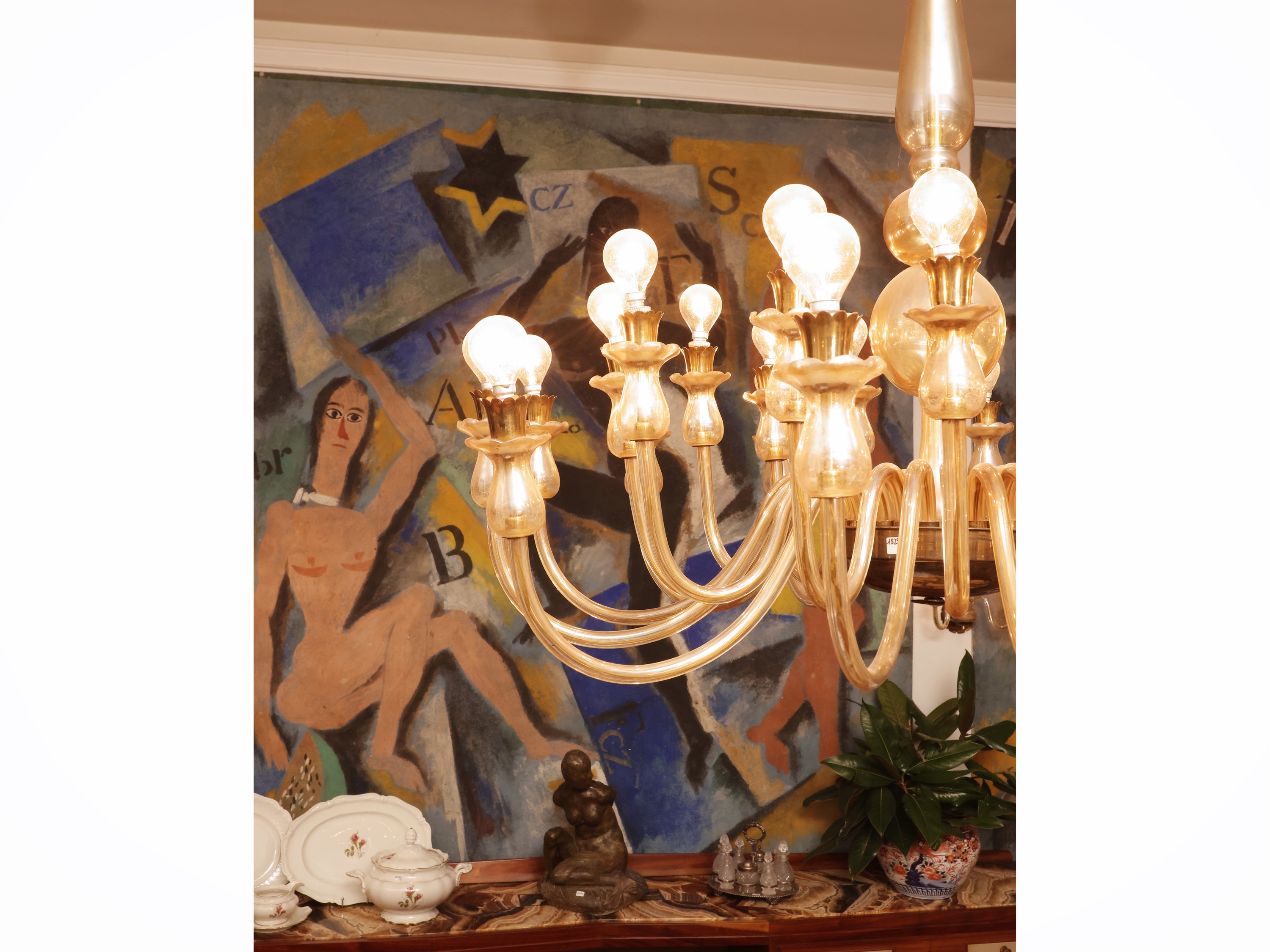 Lampadario in vetro soffiato anni Cinquanta con 24 bracci portacandele