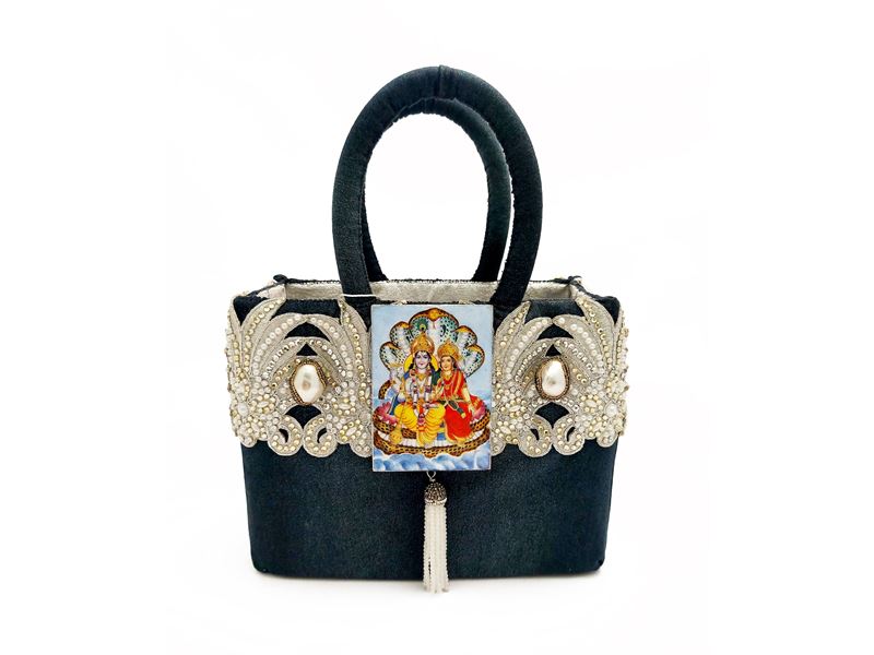 Borsa gioiello blu con ricamo argento