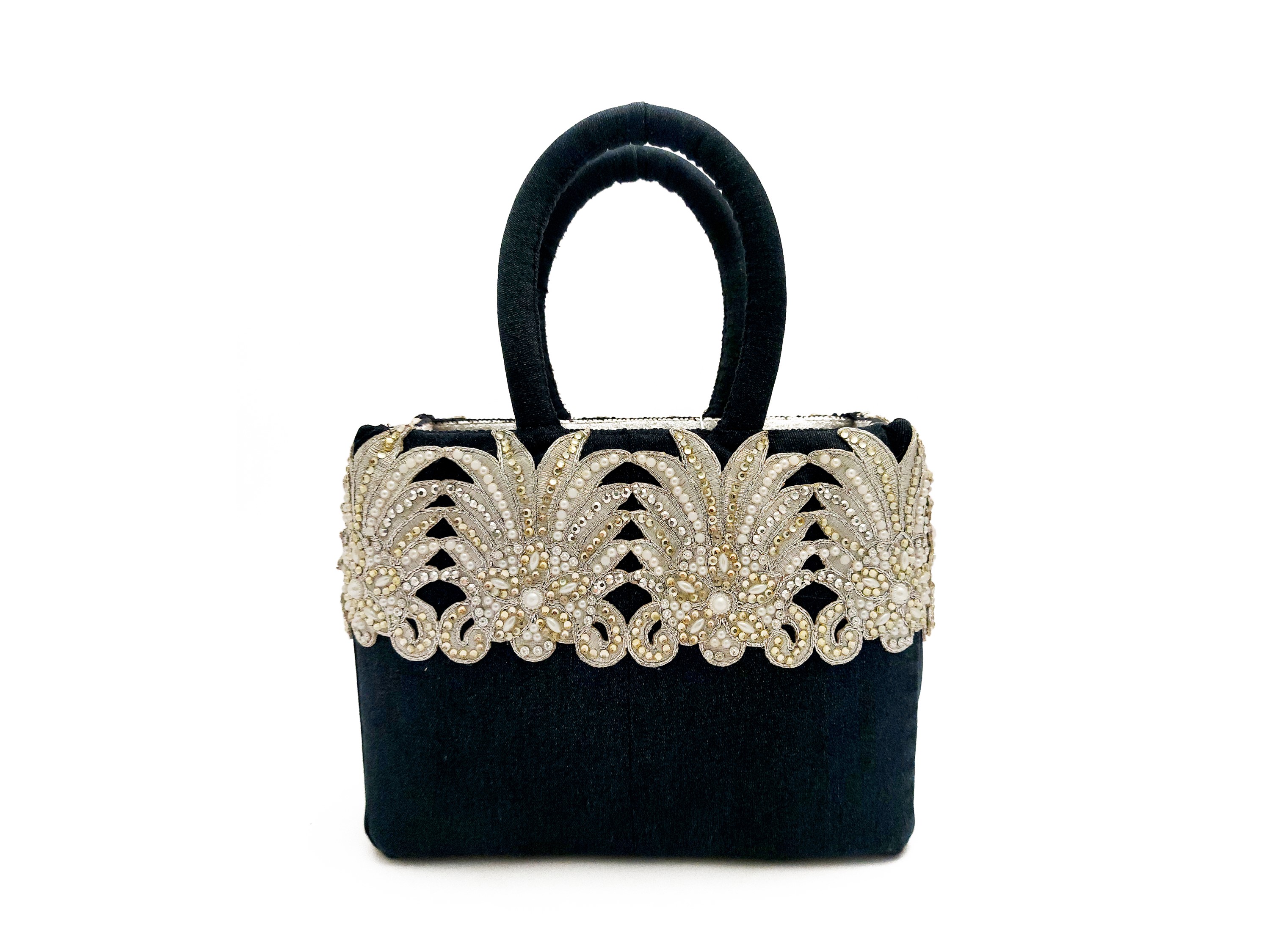 Borsa gioiello blu con ricamo argento