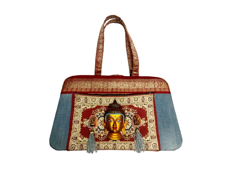 Borsa in denim e passamaneria bordeaux e oro