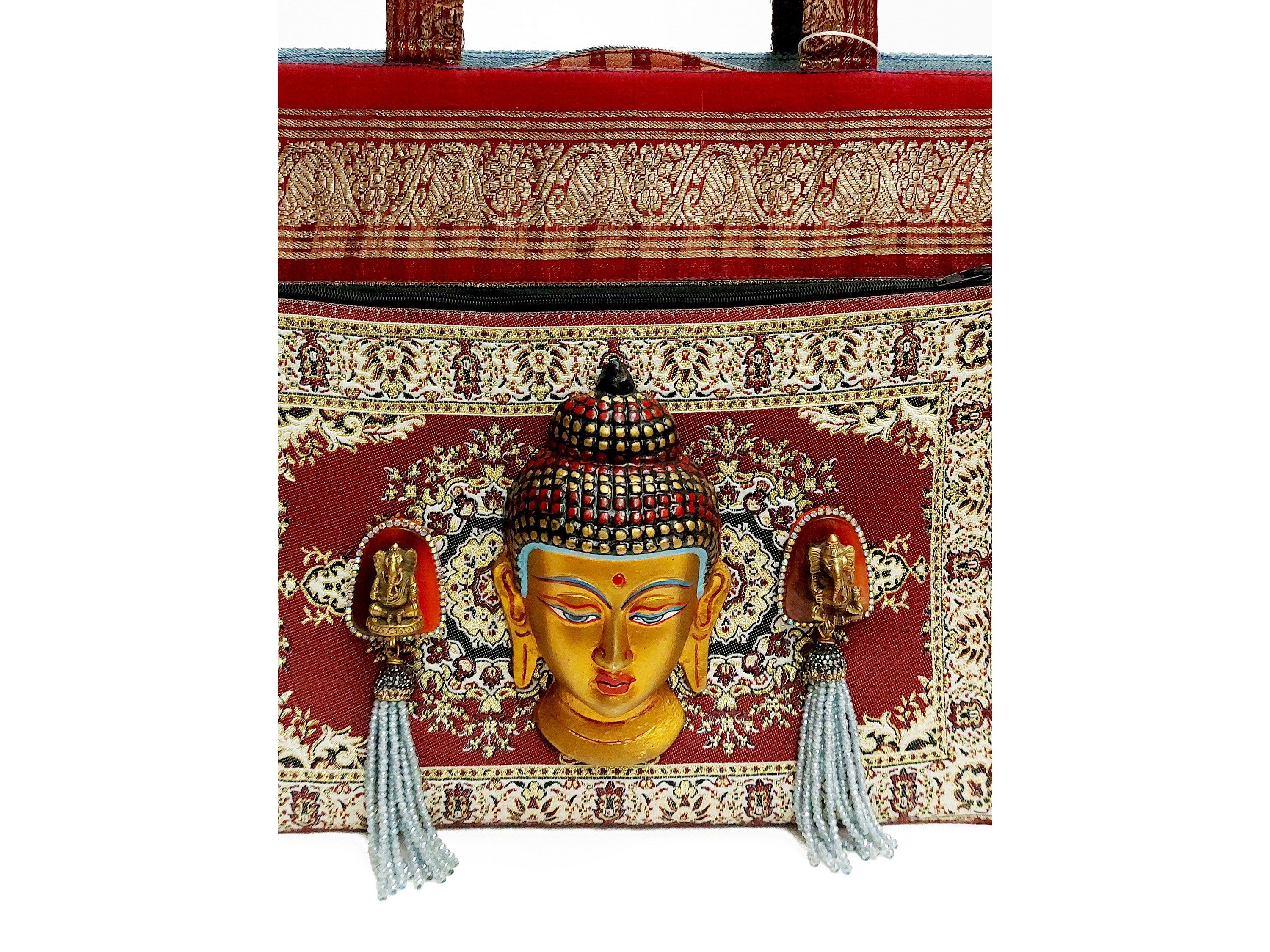 Borsa in denim e passamaneria bordeaux e oro