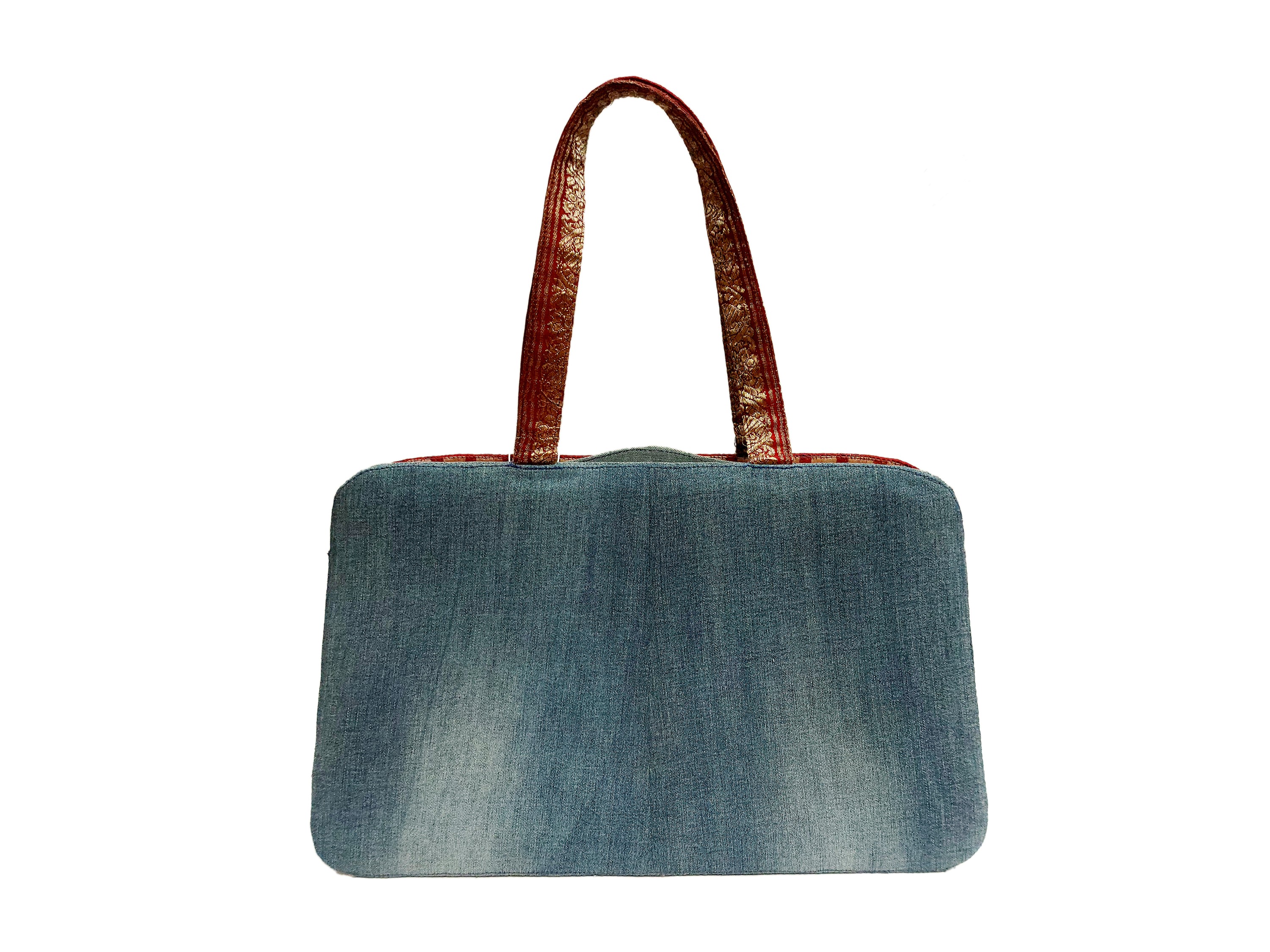 Borsa in denim e passamaneria bordeaux e oro