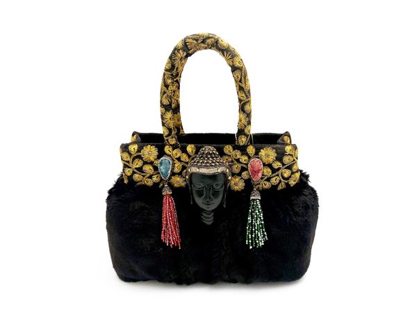 Borsa gioiello in pelliccia ecologica nera