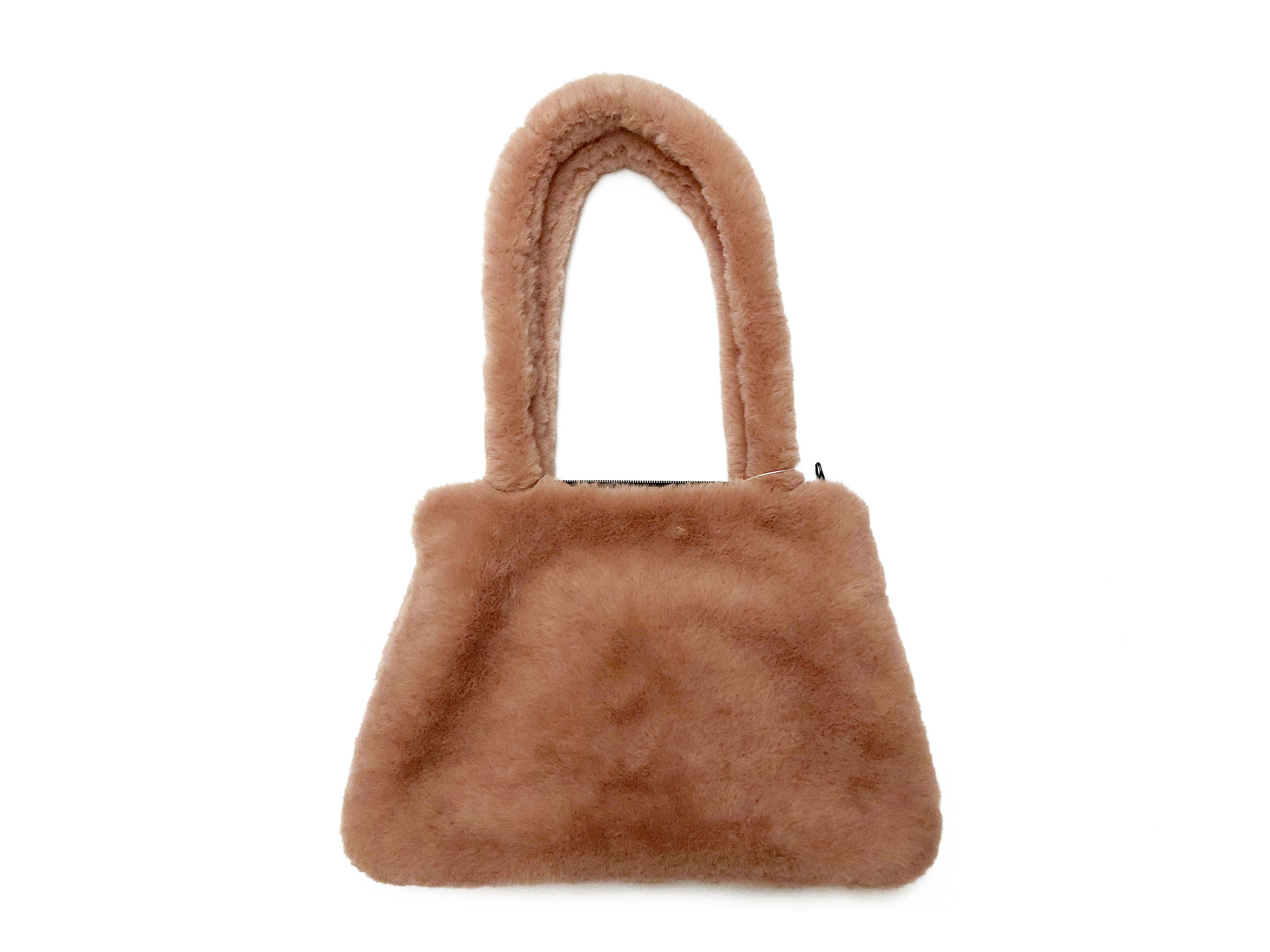 Borsa a spalla in pelliccia ecologica rosa cipria con raffigurazione di Ganesha