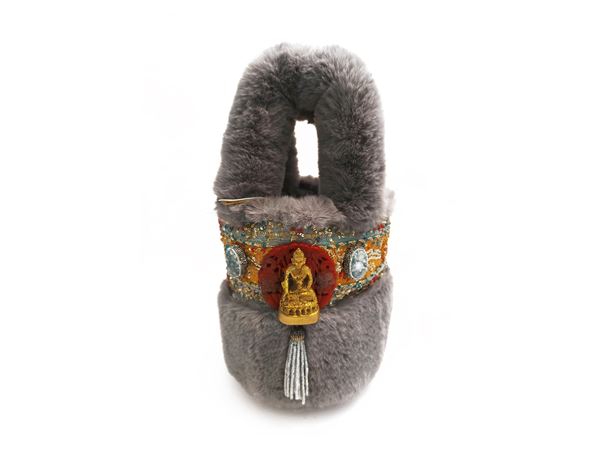 Gray faux fur bucket bag