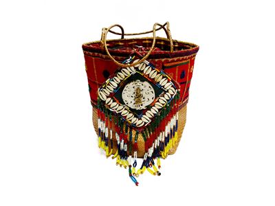 Secchiello in paglia dorato con decorazioni etniche, h 50 cm