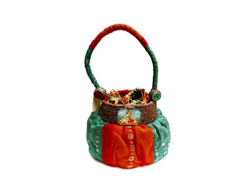 Secchiello in tessuto indiano verde e rosso scuro