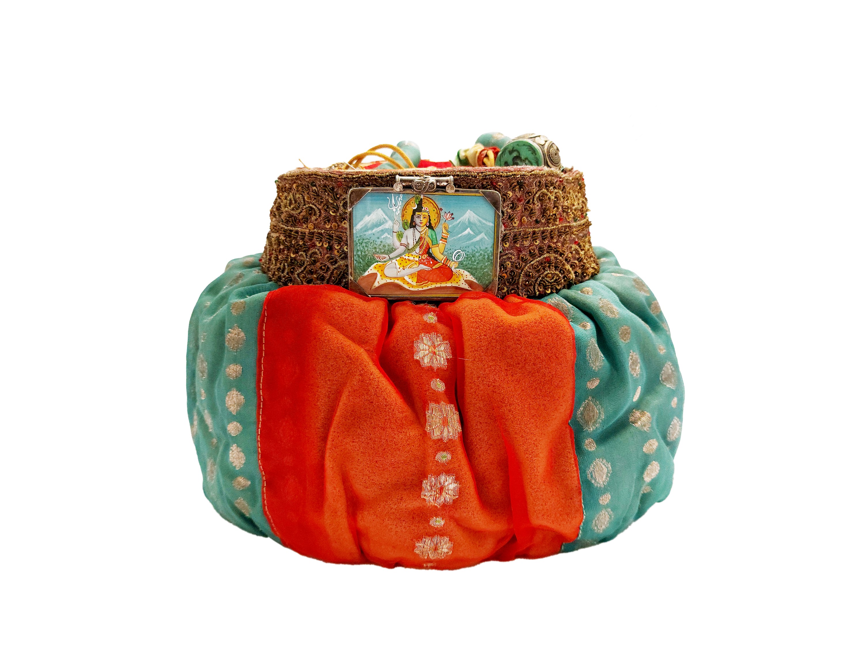 Secchiello in tessuto indiano verde e rosso scuro