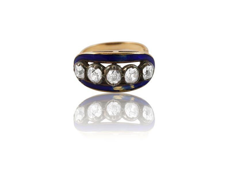 Anello in oro giallo smalto e diamanti