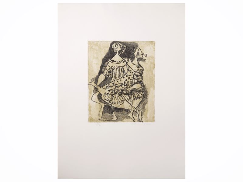 Luciano Minguzzi - Due figure in poltrona, incisione firmata