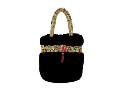 Borsa gioiello in pelliccia ecologica nera con decorazioni Zardozi