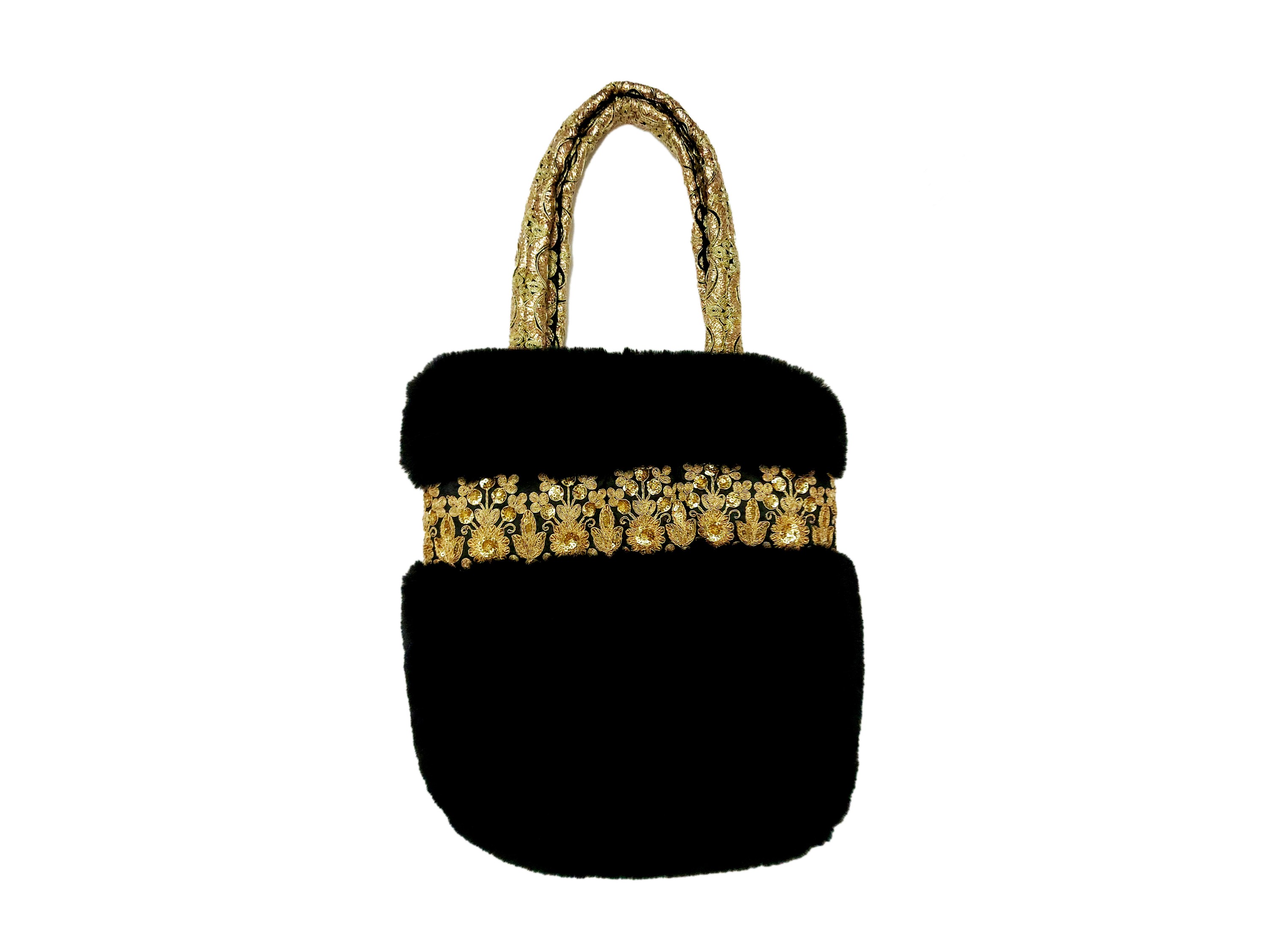 Borsa gioiello in pelliccia ecologica nera con decorazioni Zardozi