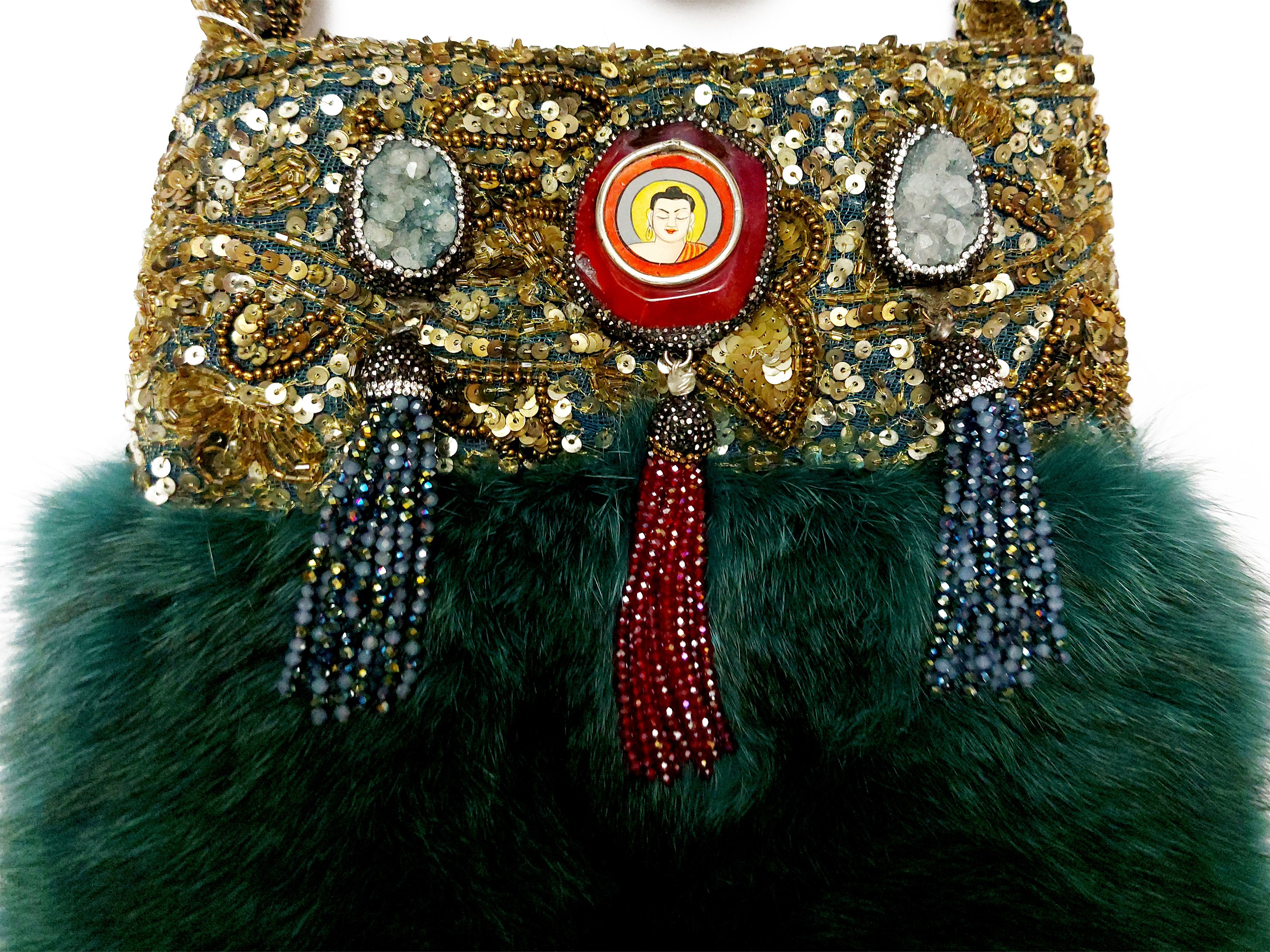 Borsa gioiello in pelliccia di volpe verde