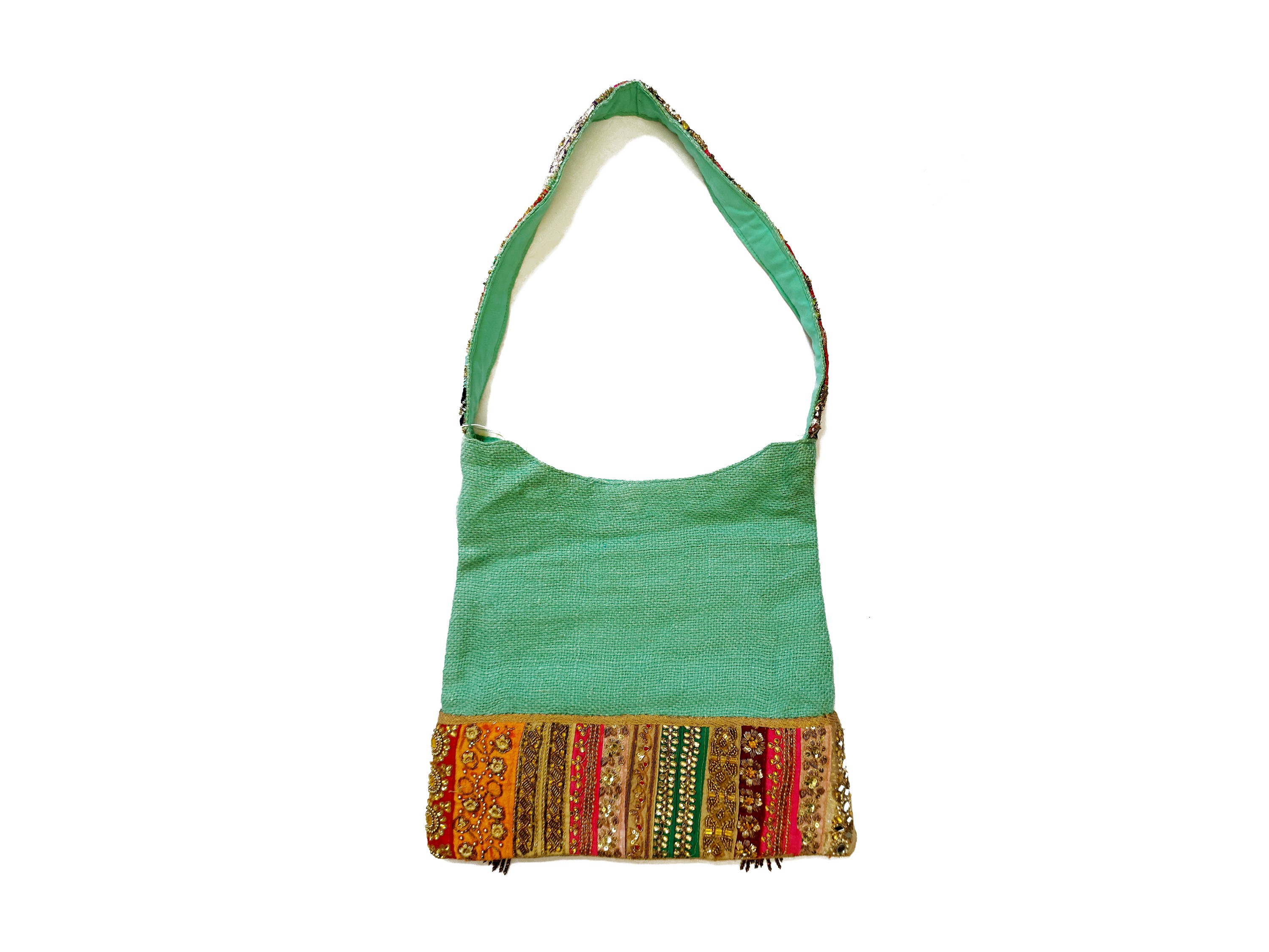 Roberta Balsamo, Shopper gioiello in tessuto verde menta con ricami Zardozi e miniatura di Krishn...