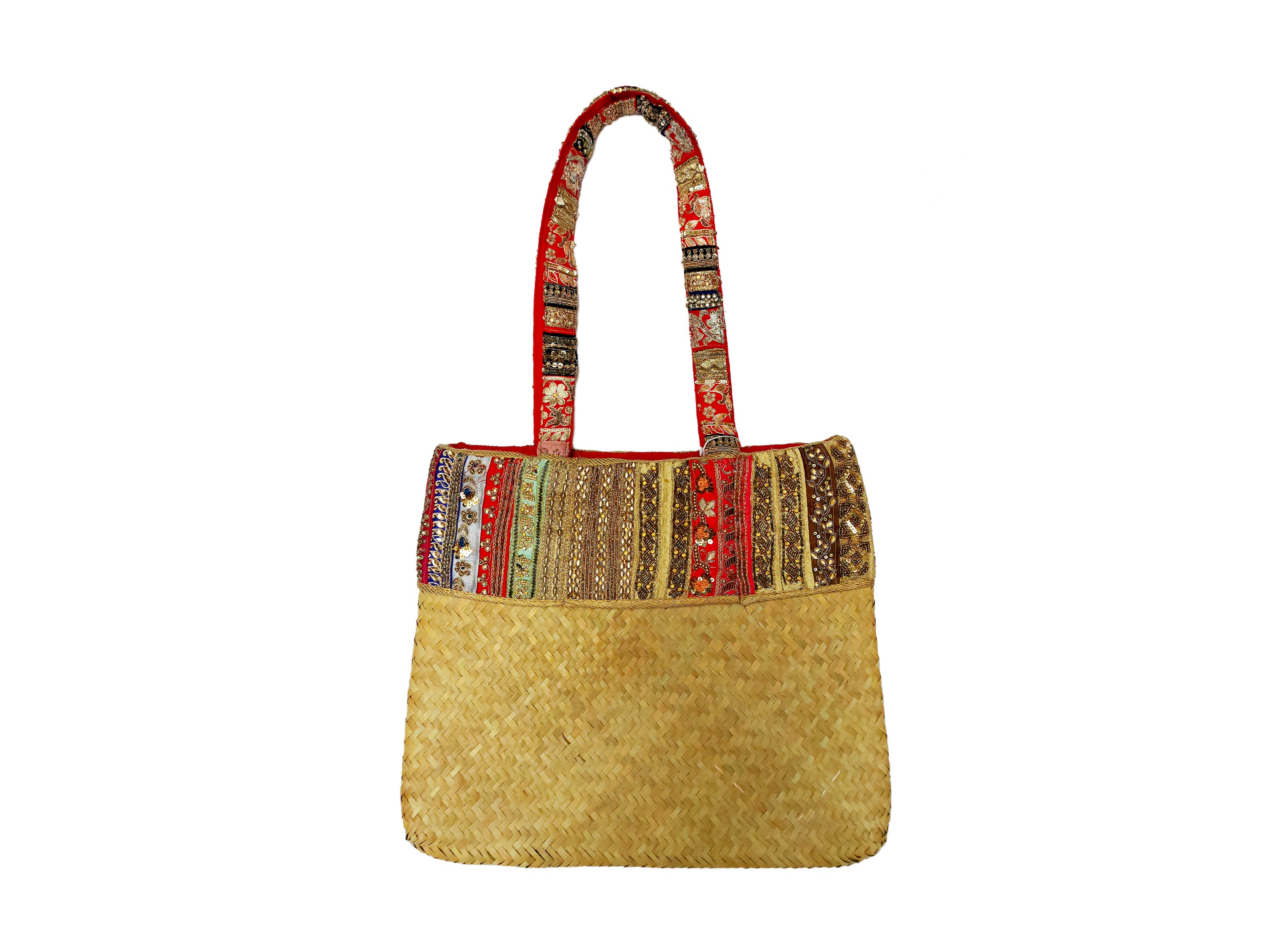 Roberta Balsamo, Grande shopper in paglia naturale con passamanerie ricamate in stile Zardozi