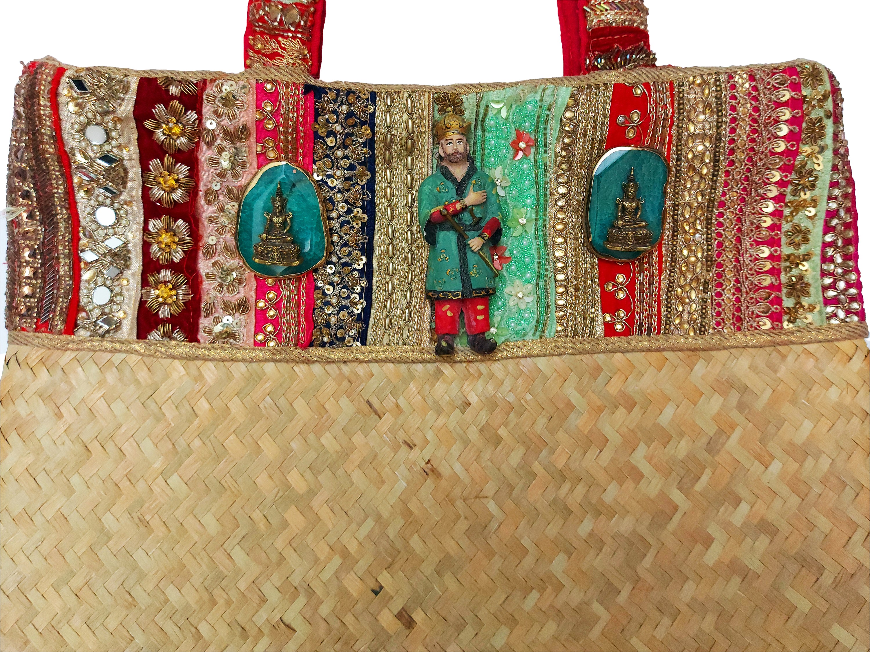 Roberta Balsamo, Grande shopper in paglia naturale con passamanerie ricamate in stile Zardozi