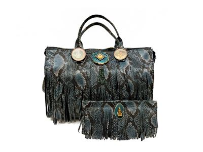 Borsa a spalla in stampa pitone blu con dettagli artistici