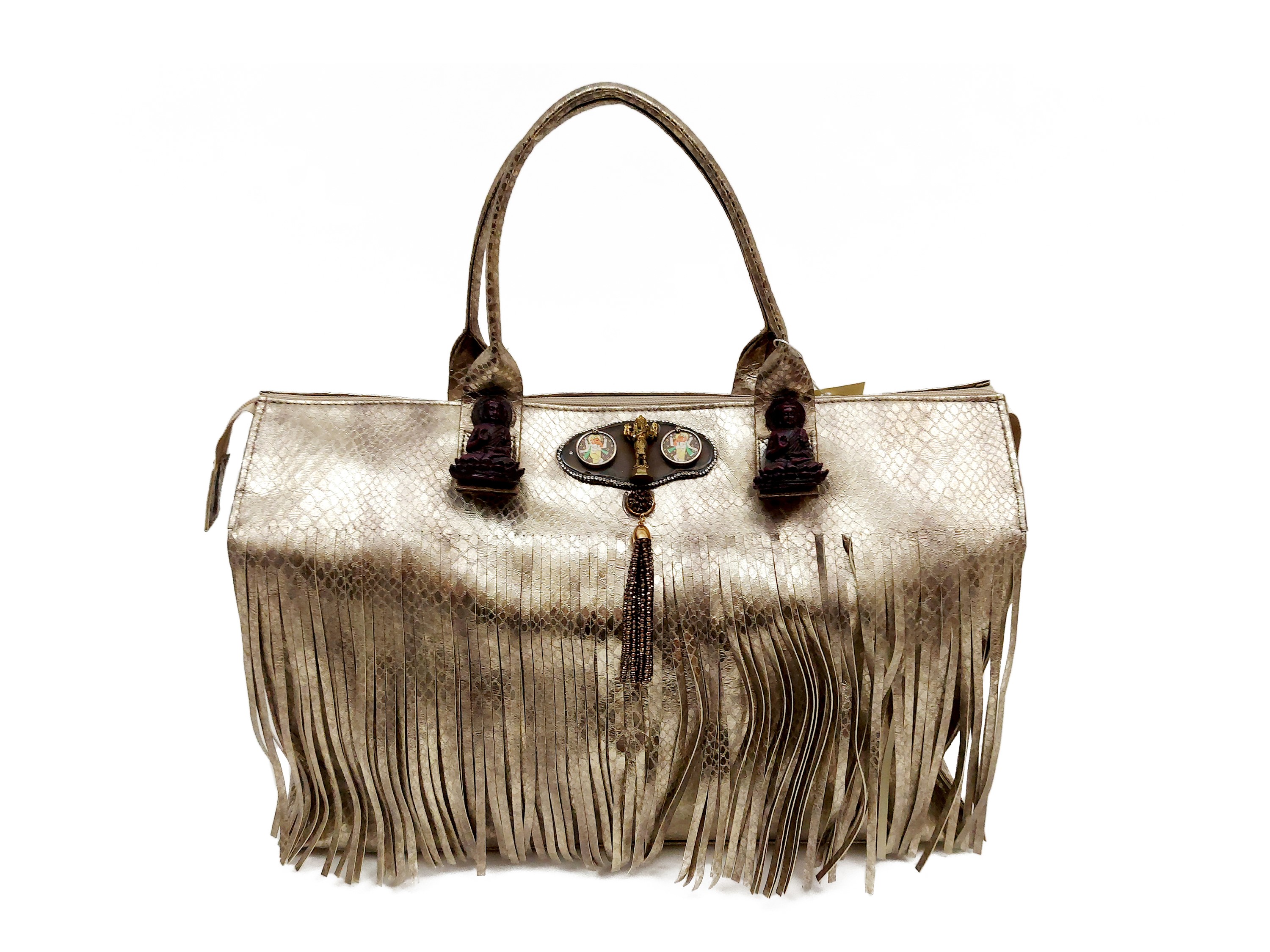 Borsa a spalla in stile animalier con decorazioni in miniatura e chiusura a zip