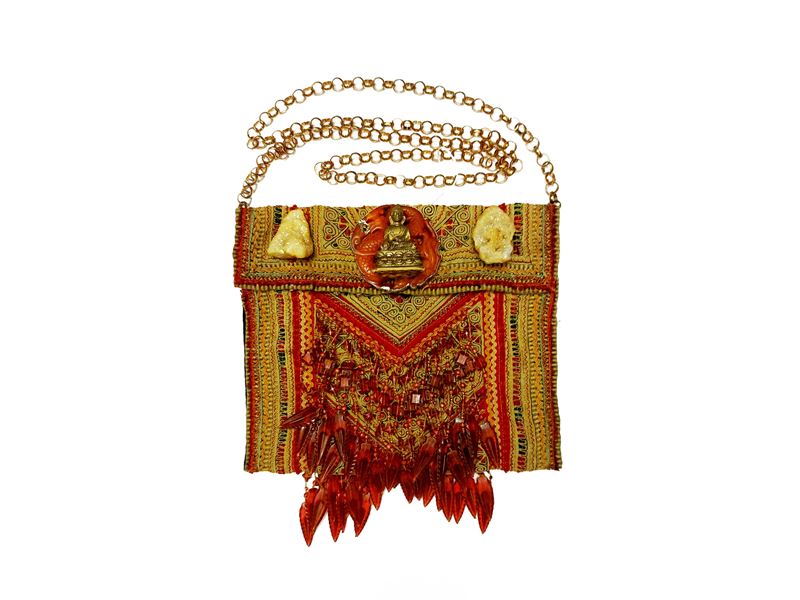 Borsetta in tessuto indiano nei toni dell'arancio e oro