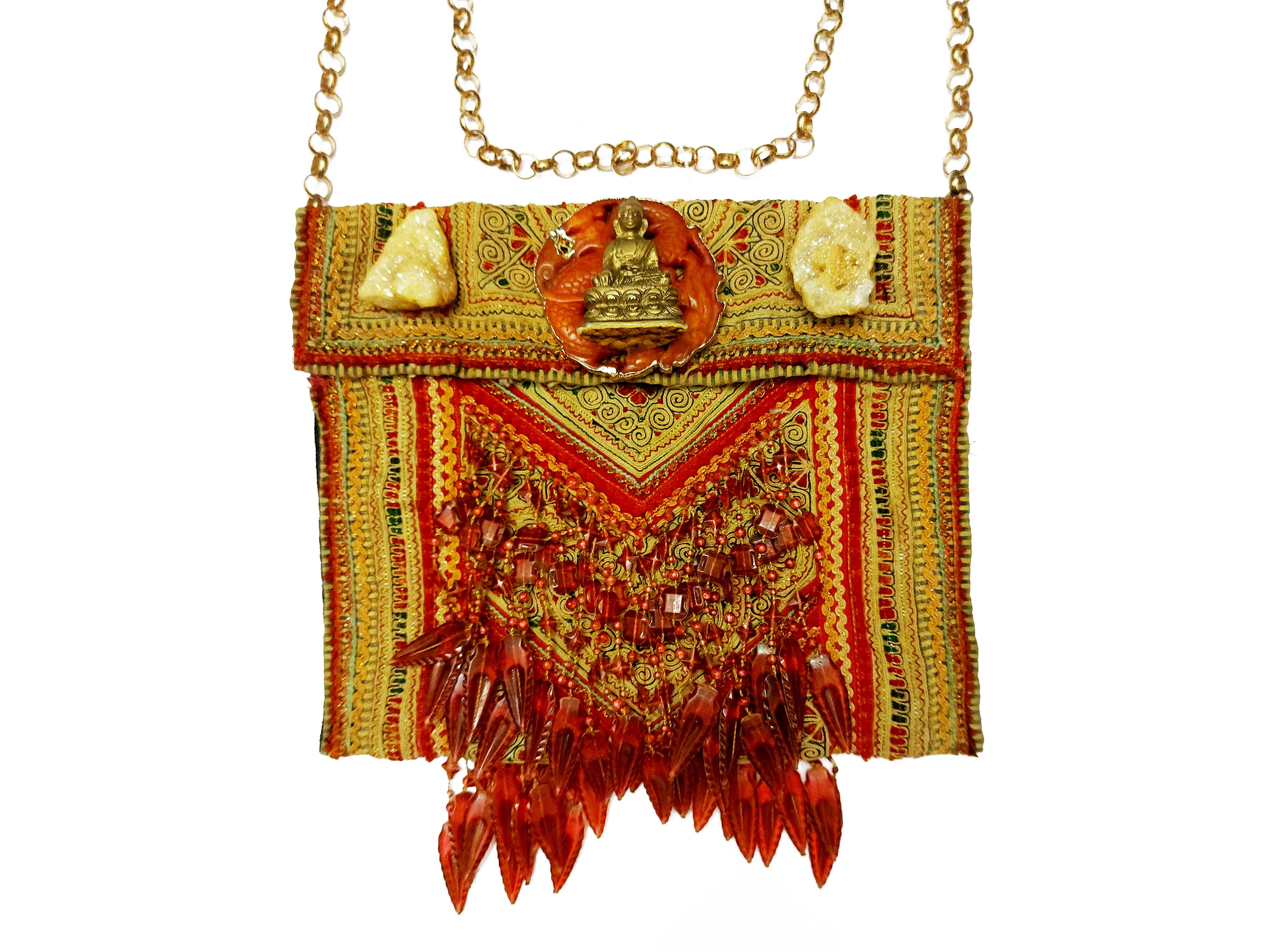 Borsetta in tessuto indiano nei toni dell'arancio e oro