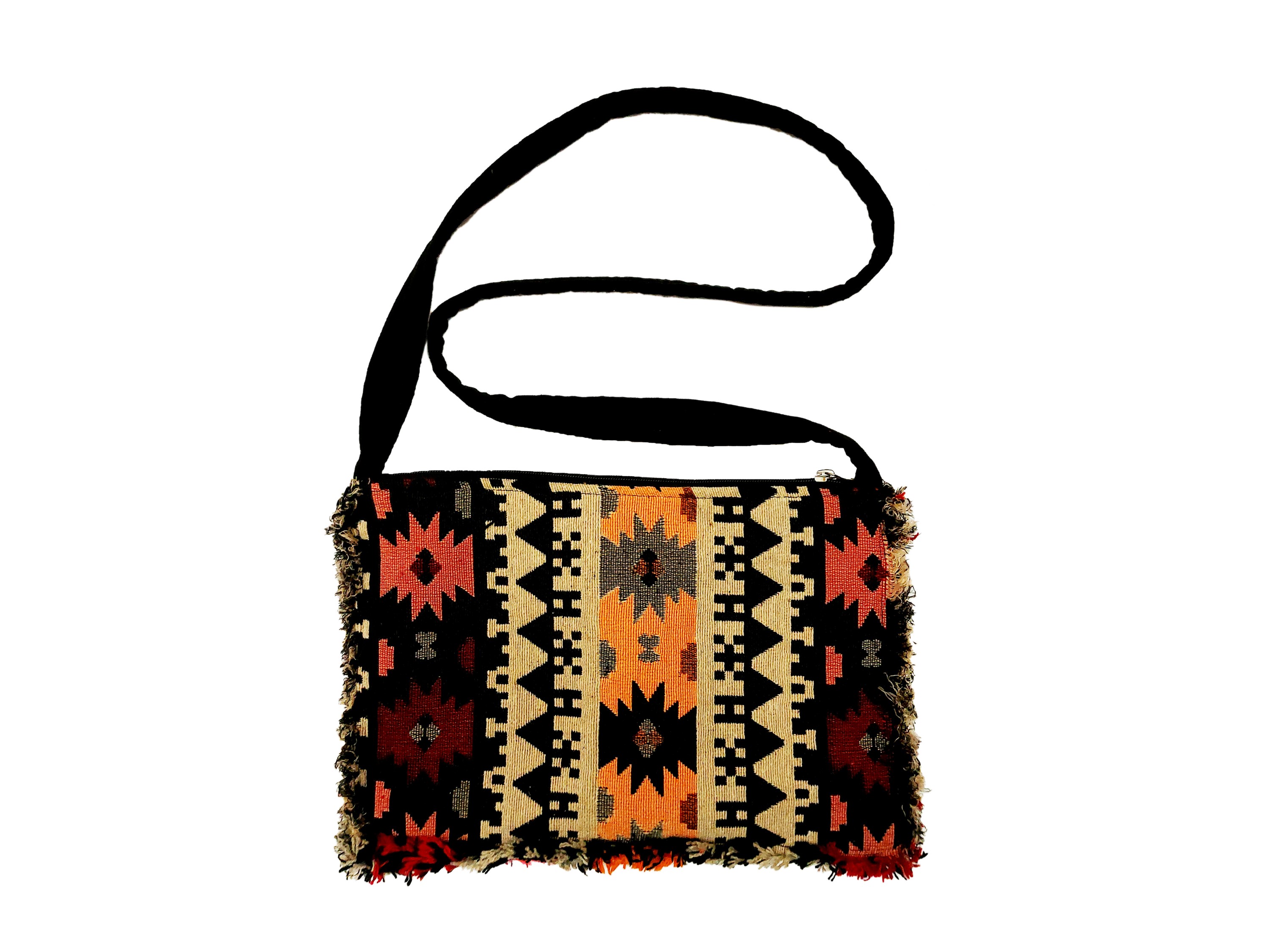 Borsa a tracolla in tessuto etnico, realizzata a mano con decorazioni in perline e pietre dure