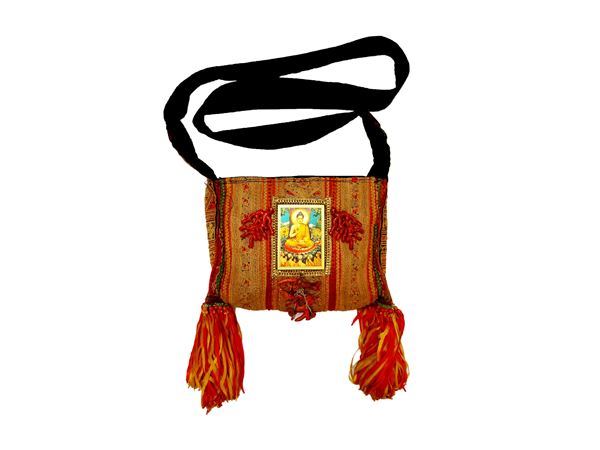 Borsa a tracolla in tessuto etnico nei toni dell'arancio e oro
