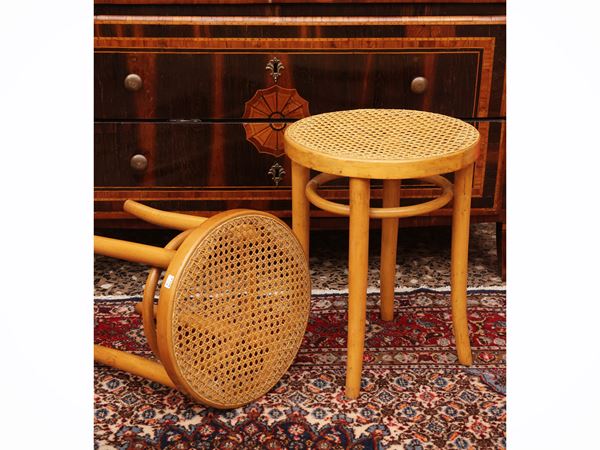 Series of five stools in bent beech and Vienna straw
