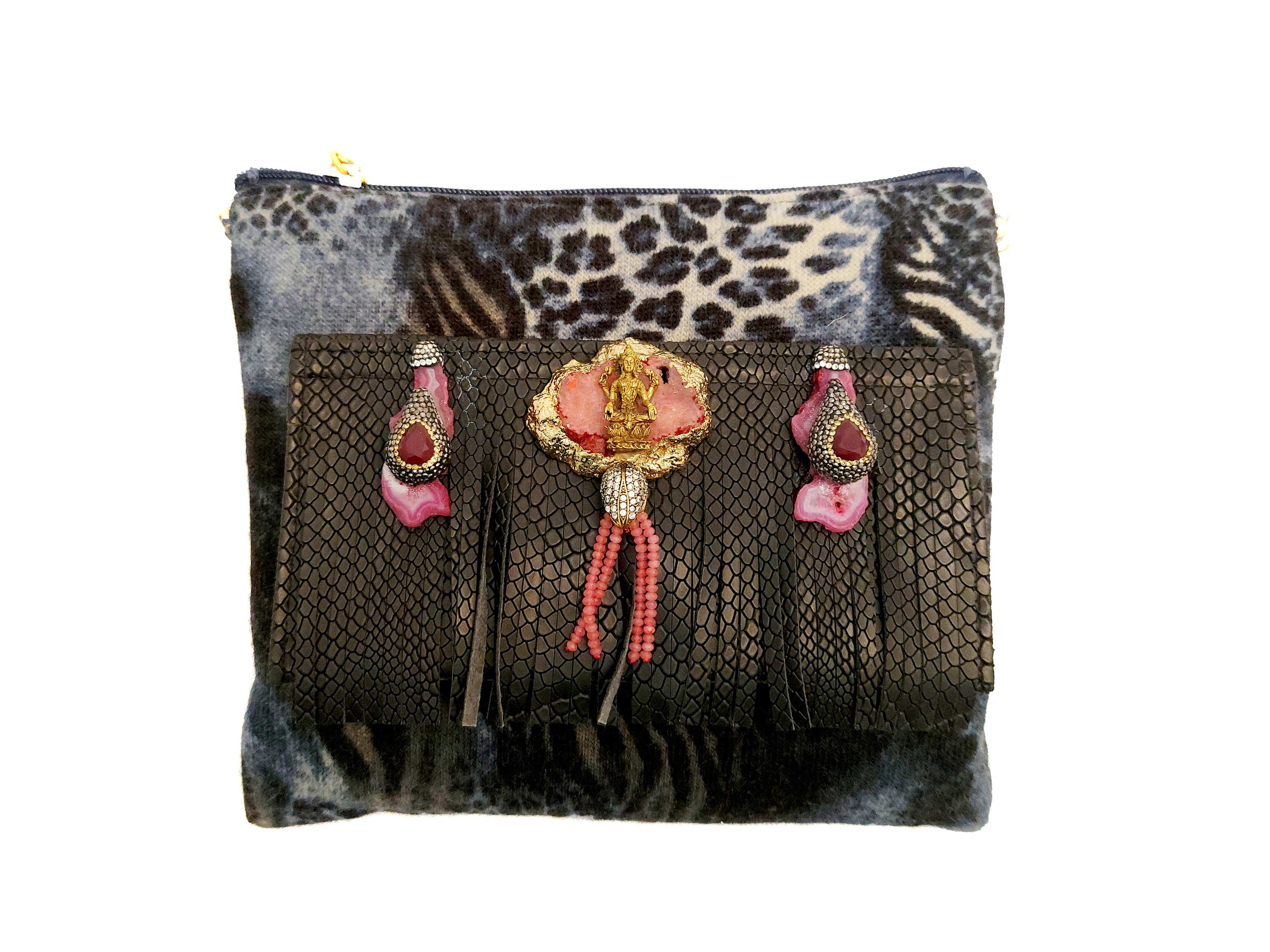 Borsetta gioiello in pitone ecologico con decorazione Buddha e maglia animalier
