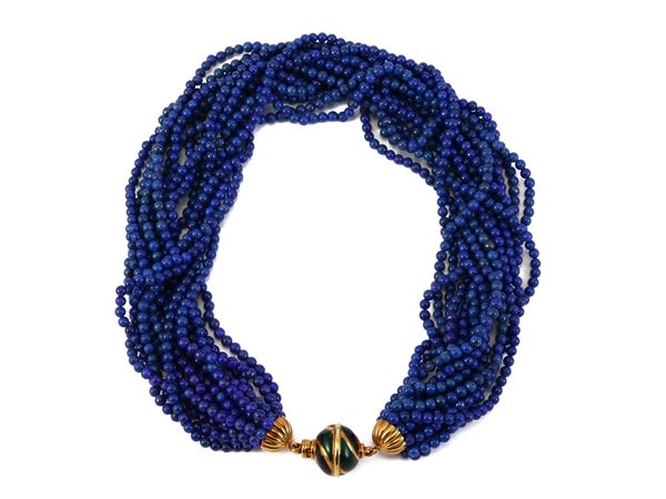 A fifteen strands necklace of small lapis lazuli spheres with yellow gold and enamel clasp  - Auction Jewels and Watches - Maison Bibelot - Casa d'Aste Firenze - Milano