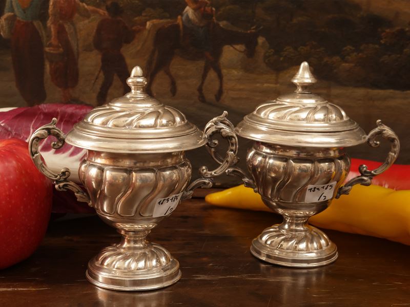 Coppia di zuccheriere in argento, probabilmente Giuseppe Sambonetti