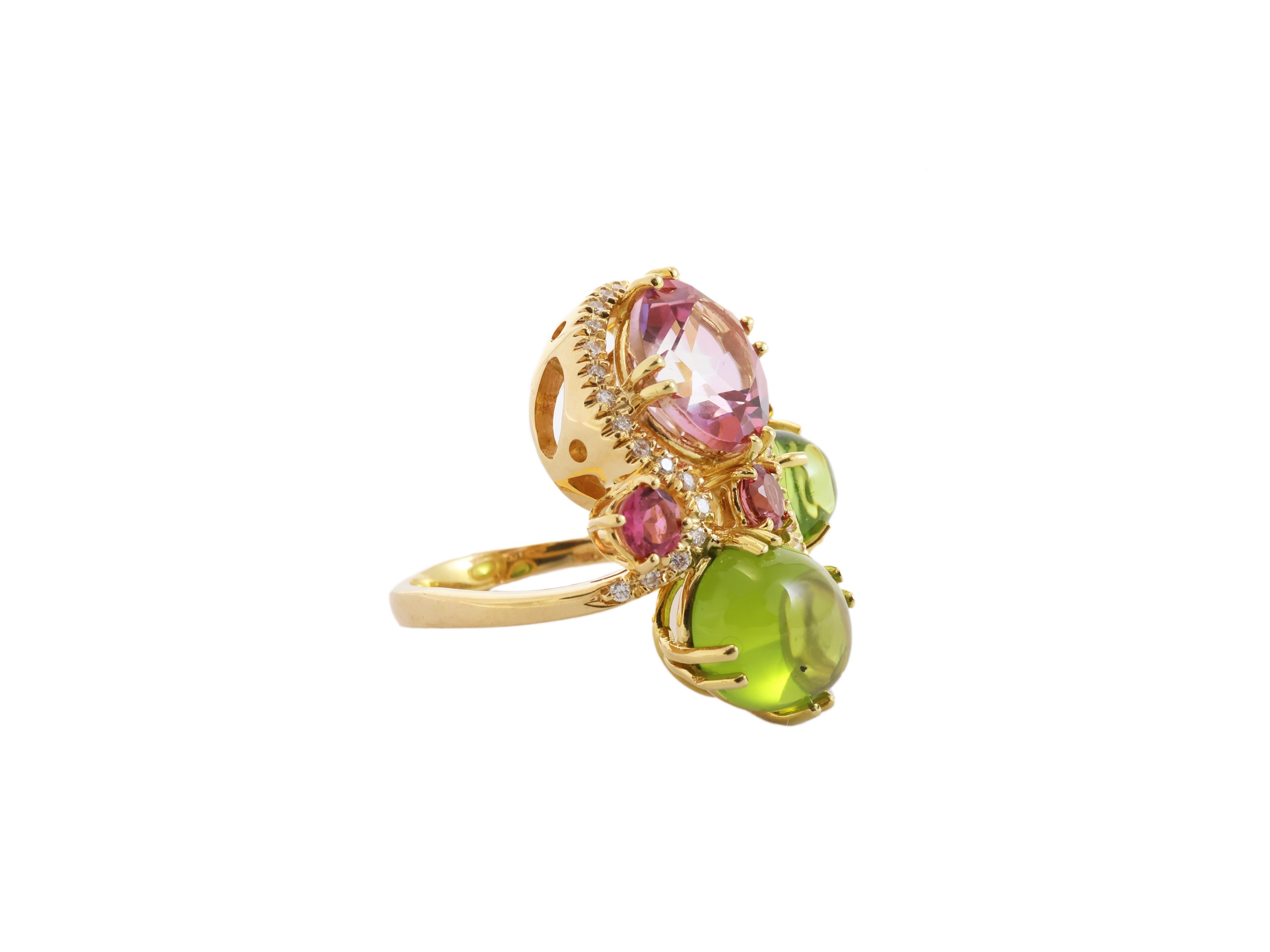Anello da cocktail in oro giallo peridot e tormaline