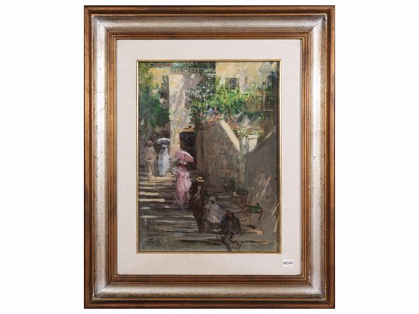 Sergio Cirno Bissi - Scorcio di paese con figure 1978