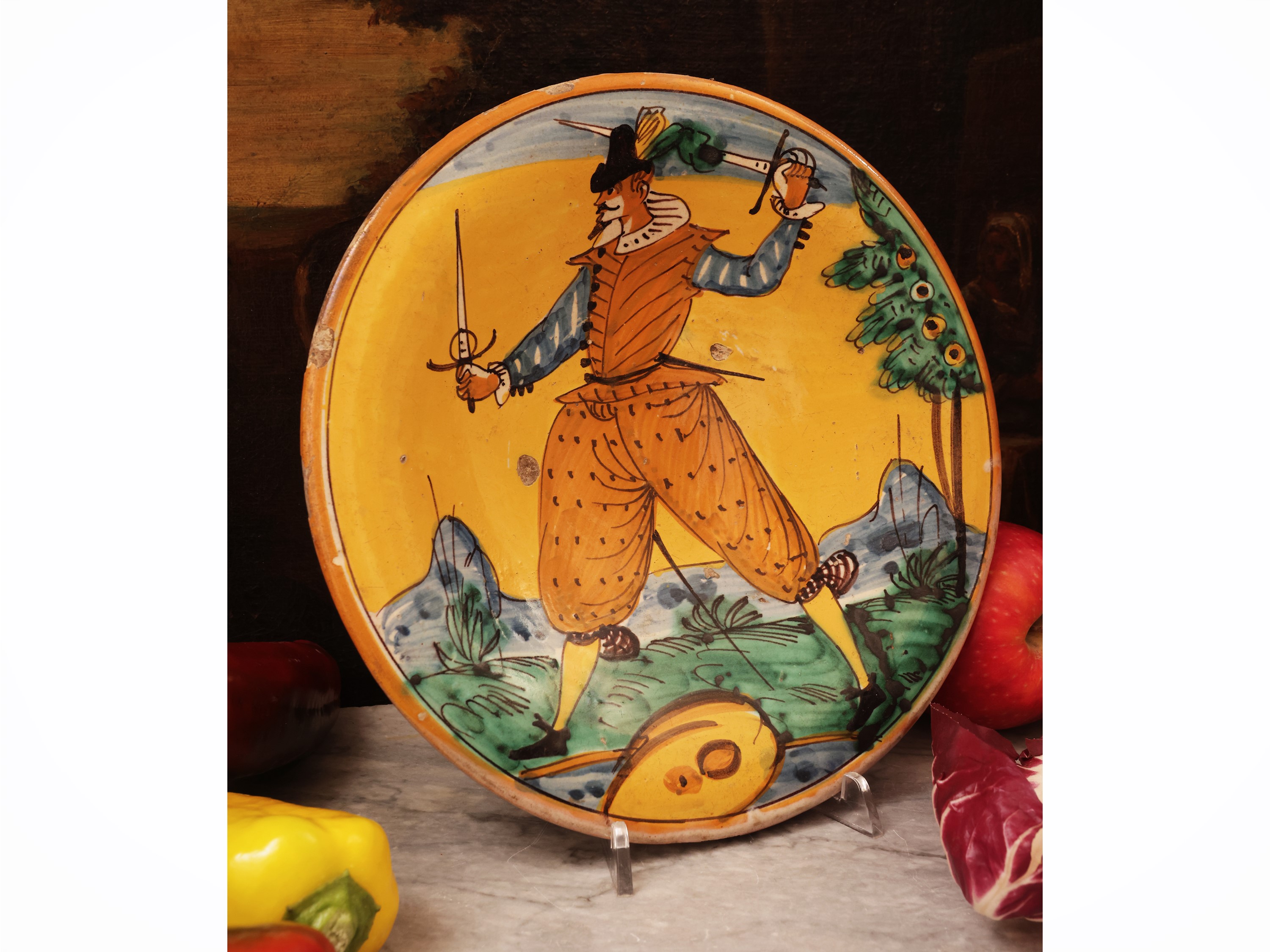Maiolica di Montelupo, Piatto decorato con figura a due spade