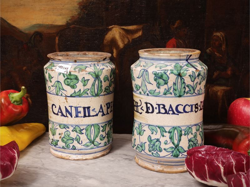 Coppia di albarelli da farmacia in maiolica