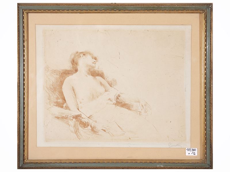 Lotto di grafica, quattro incisioni e due disegni a matita, XIX/XX secolo