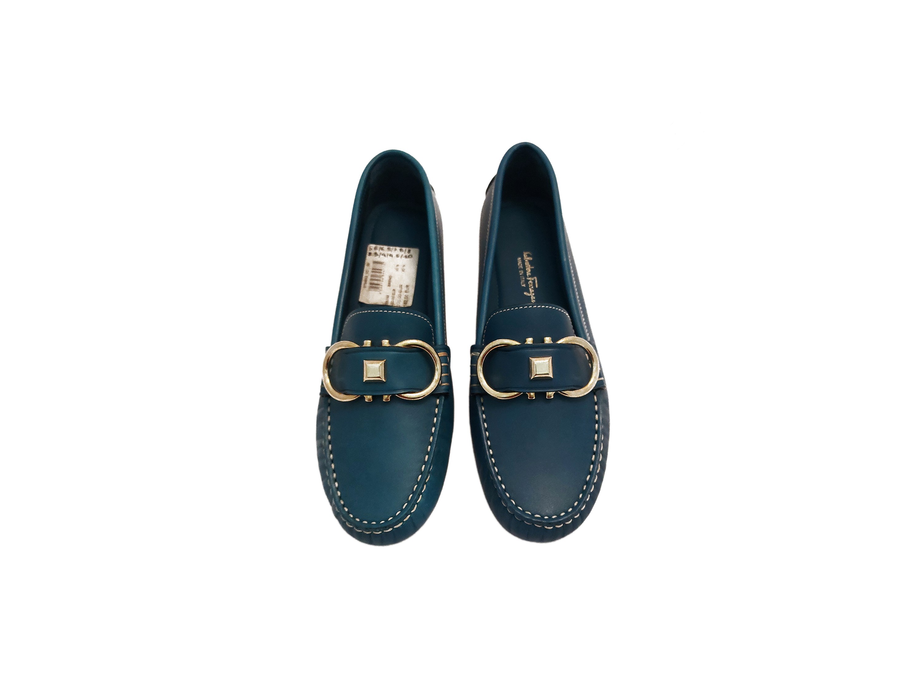 Salvatore Ferragamo, Mocassini in pelle azzurra con fibbia argentata
