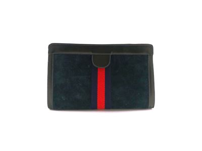 Gucci, Trousse in suede e pelle blu con nastro web rosso e blu