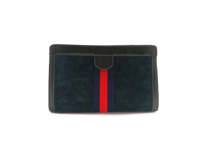 Gucci, Trousse in suede e pelle blu con nastro web rosso e blu