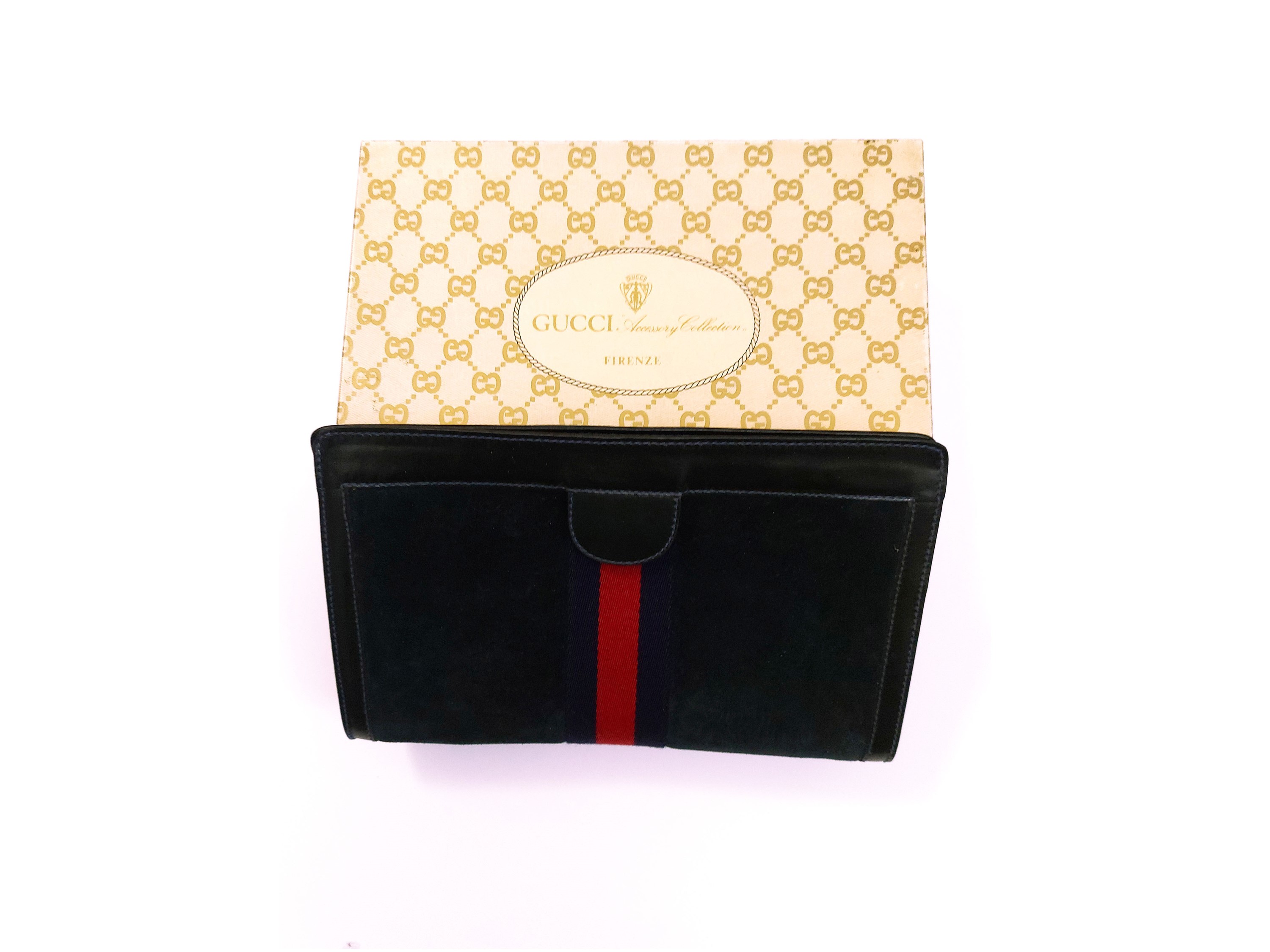 Gucci, Trousse in suede e pelle blu con nastro web rosso e blu