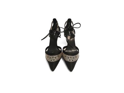 Giorgio Armani, Sandali in raso nero con motivo a rete e strass, numero 39, tacco 7 cm