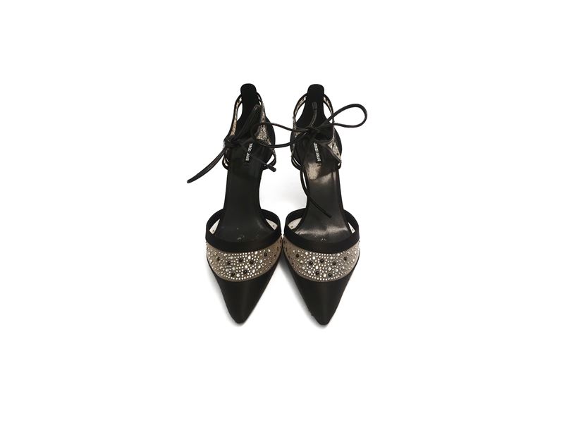 Giorgio Armani, Sandali in raso nero con motivo a rete e strass, numero 39, tacco 7 cm