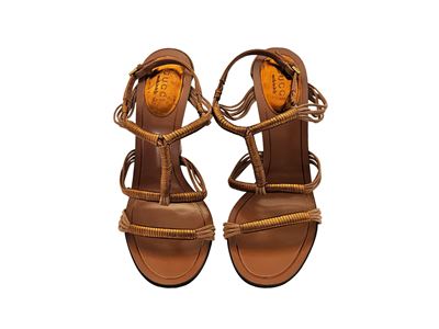 Gucci, Sandali in suede rosa antico con inserti metallizzati bronzo, misura 34 1/5, tacco 11