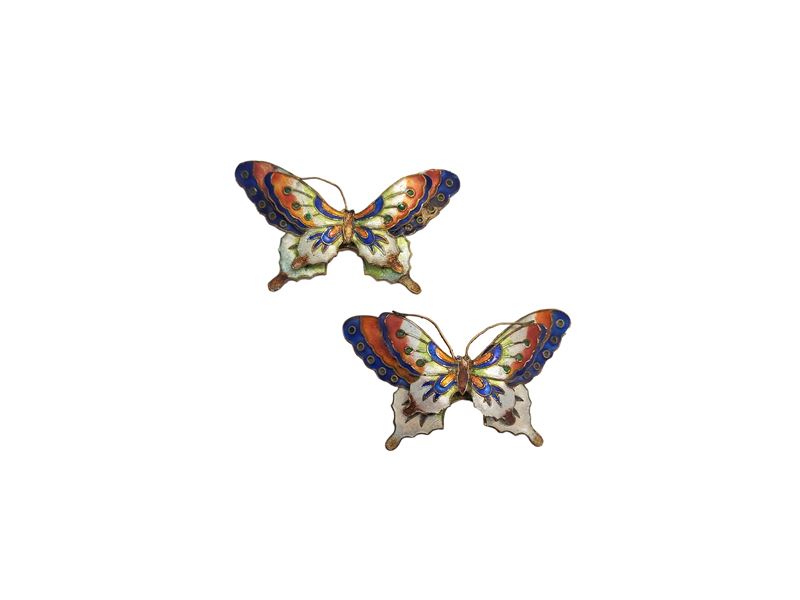 Coppia di spille animalier a forma di farfalla, smalti colorati
